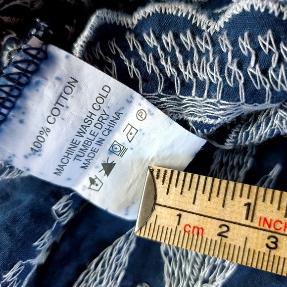 Sapphire Women XL Navy Blue Embroidered Cotton Boho Blouse Eyelet Scallop Hem - Picture 5 of 6